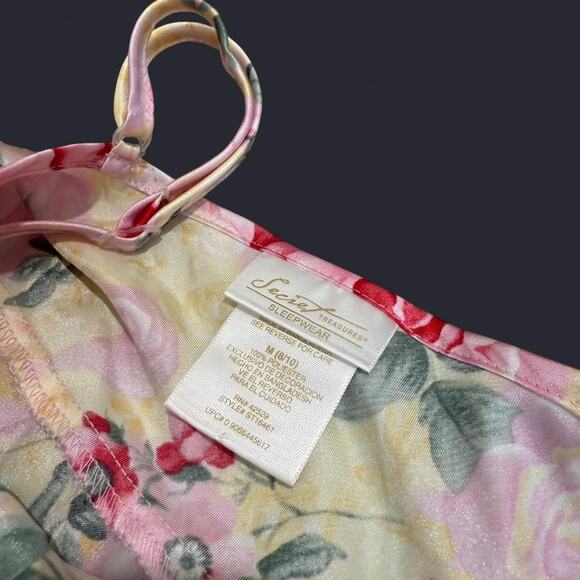 Secret Treasures Pink & Yellow Floral Satin Ivory Lace Sequin Open Front Slip M - Picture 8 of 8
